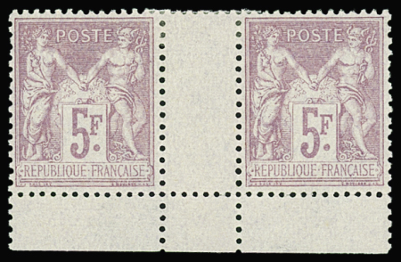 N°95a 5f lilas-rose sur lilas pâle, PAIRE interp., très bon centrage, neuf *, inf. ch. sur les timbres, TB