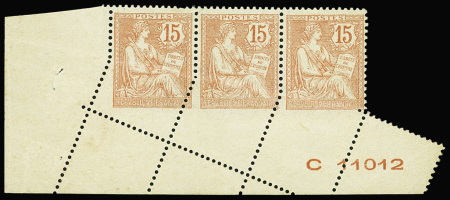 N°125 Mouchon Retouché, 15c vermillon, PIQUAGE OBLIQUE dans une BANDE de 3 cdf N°C11012, neuf **, un ex. *, TTB