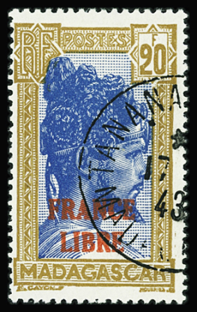 N°255A 20f bistre et bleu, obl., TB.