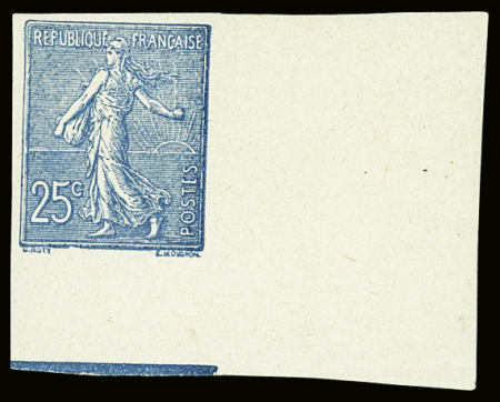 N°132c 25c bleu, non dentelé, coin de feuille, ligne