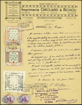 SAUMUR 1946 Attestation de tirage de l'imprimerie Richou