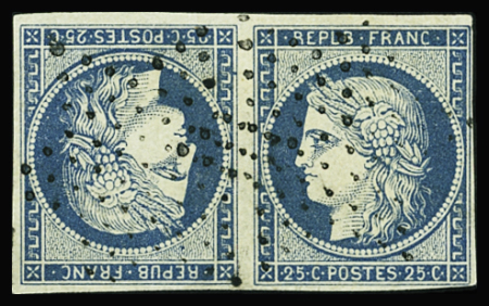 N°4c 25c bleu, en paire tête-bêche, obl. étoile, certificat