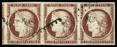 N°6 1f carmin, en bande de trois, un voisin, obl. PC