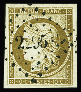 N°1c 10 c bistre-verdâtre foncé, obl. PC 2295 de Notre-Dame-de-Liesse
