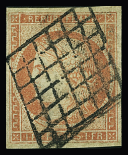 N°7 1 franc vermillon, obl. grille, réparé. Certificat