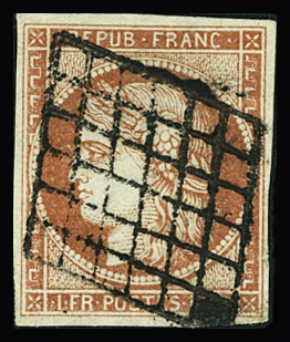 N°7a 1 franc vermillon vif, nuance foncé, obl. grille,