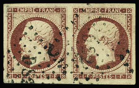 N°18a 1f carmin foncé, en paire  obl. losange bâton