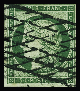 N°2b 15c vert foncé, obl. grille sans fin, marge supérieure
