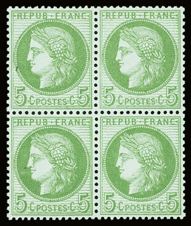 N°53 5c vert jaune sur azuré, en bloc de quatre, neuf