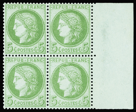 N°53 5c vert jaune sur azuré, en bloc de quatre, BdF,