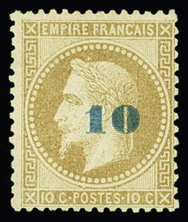 N°34a 10 sur 10c bistre,  surcharge bleu pâle, neuf