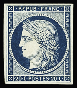 N°8a 20 c. bleu foncé, neuf *, pli horizontal, superbe