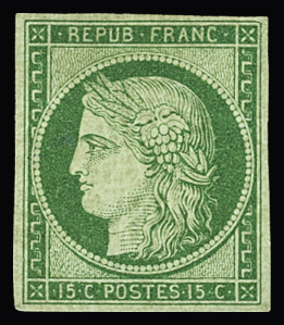 N°2a 15c vert clair, neuf *, réparé en haut à droite,