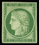 N°2a 15c vert clair, neuf *, réparé en haut à droite,