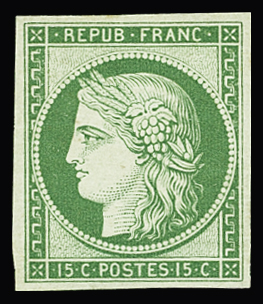 N°2e 15c vert clair, neuf *,  réimpression de 1862,