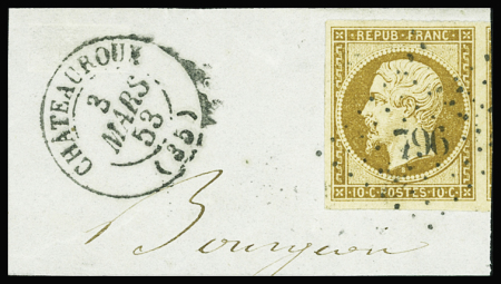 N°9a 10c bistre-brun, voisin, obl. PC 796 sur fragment