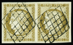 N°1a 10c bistre-brun, paire obl. grille, superbe. Cert.