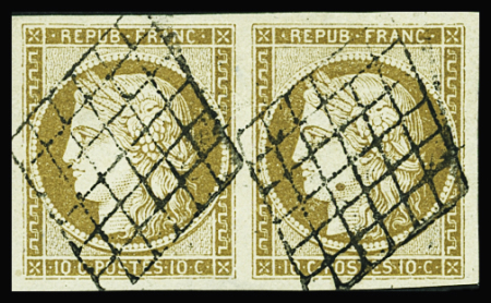 N°1a 10c bistre-brun, paire obl. grille, superbe. Cert.
