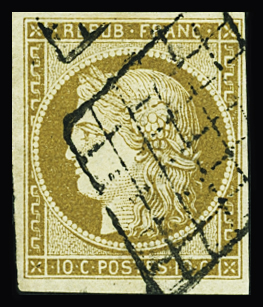 N°1 10c bistre-jaune, obl. grille, TB. Signé A.Brun