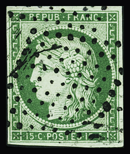N°2 15c vert, oblitéré losange de 81 points des rebuts,