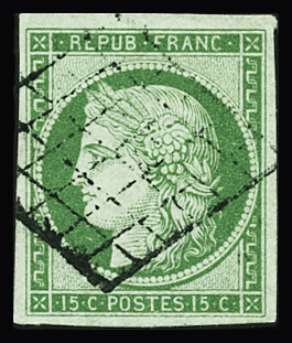 N°2 15 vert, obl. grille, TTB. Cert. Miro