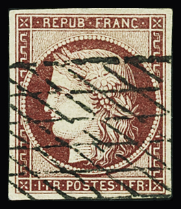 N°6 1f carmin, obl. grille sans fin, TTB. Signé Jamet