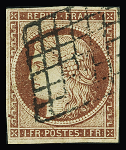 N°6 1f carmin, obl. grille, TB