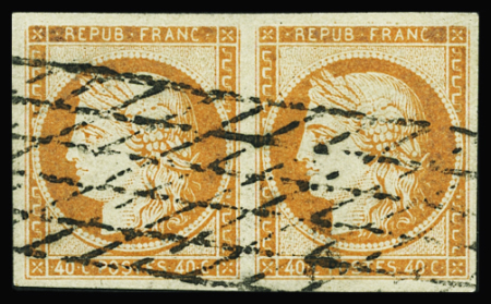 N°5 40c orange, paire obl. grille sans fin, TB. Signé