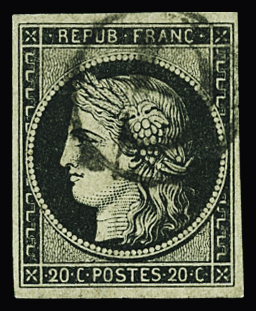 Rarissime cachet G du bureau G de Paris sur N°3 20c