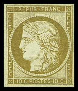 N°1a 10c bistre-brun, neuf, gomme partielle, TB. Signé