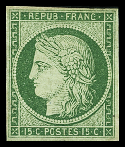 N°2e 15c vert, neuf,  réparé, gomme partielle, TB