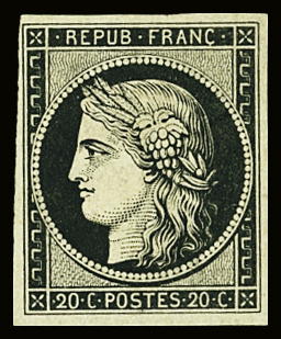 N°3a 20c noir sur blanc, essai avec double impression