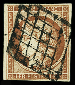 N°7B 1 franc vermillon terne, obl. grille, marge courte