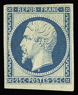 N°10c 25c bleu, réimpression de 1862, neuf *, TB.