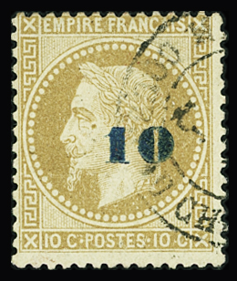 N°34 10 sur 10c bistre, surcharge bleu, oblitération