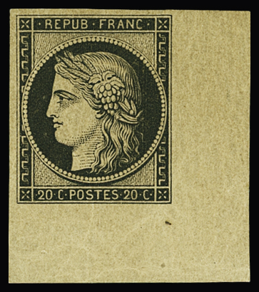 N°3f 20c noir, coin de feuille intégral, neuf *, TTB.