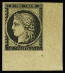 N°3f 20c noir, coin de feuille intégral, neuf *, TTB.