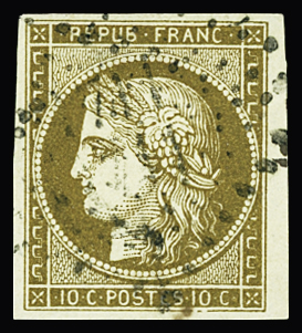 N°1a 10c bistre brun très foncé, nuance exceptionnelle,