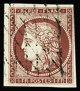 N°6d 1f carmin cerise, obl. grille sans fin, TB. Signé