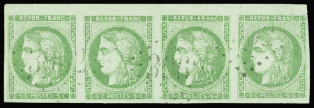 N°42B 5c vert-jaune, bande de 4 obl. très légèrement