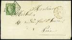 N°2 15c vert, touché en haut, obl. grille sur lettre
