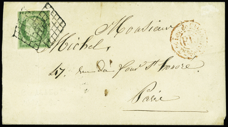N°2 15c vert, touché en haut, obl. grille sur lettre