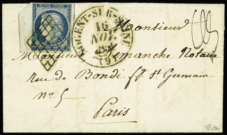 N°4 25c bleu, bdf, voisin à droite, obl. grille +T13