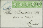 N°20 5c vert, bande de cinq (défauts. dans un coin)