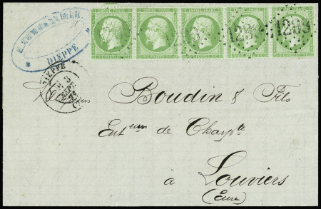 N°20 5c vert, bande de cinq (défauts. dans un coin)