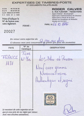 N°7a 40C BLEU DE PRUSSE, TTB, R. Signé Calves