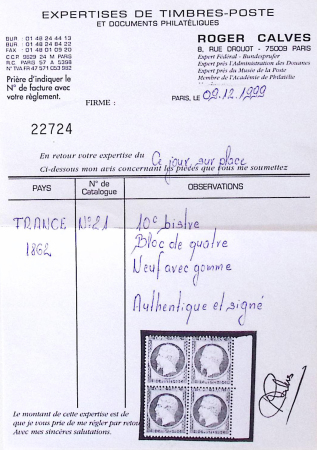 N°21 10c bistre en bloc de 4, bdf, neuf *, pli horizontal