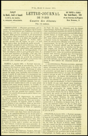 N°37 OBL étoile 7 + CAD "Paris R. des Vlles Haudrtes" (14 janv 71) sur Gazette des Absents n°25 pour Malbuisson avec arrivée (Le Vaucanson). TB