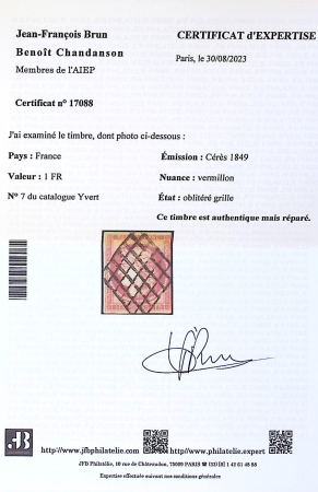 N°7 1 franc vermillon obl. grille, marge au filet en