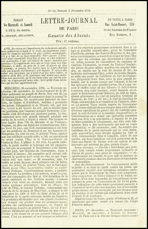 LE FRANKLIN N°29 OBL étoile 8 + CAD "Paris R. d'Antin" (4 dec 70) sur Gazette des Absents n°13 pour Amiens sans arrivée (territoire occupé) (Le Franklin), TB